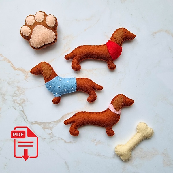 Felt Dachshund Ornament Bundle PDF / SVG Sewing Pattern, easy beginner friendly sausage dog, pawprint and bone hanging ornament patterns