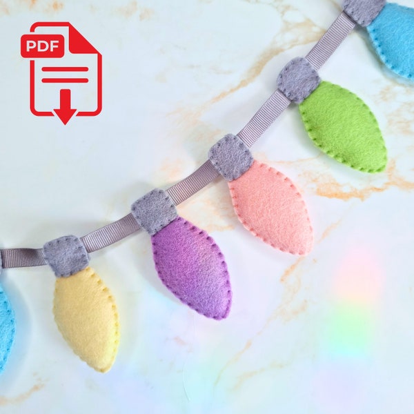 Felt Fairy Light PDF Sewing Pattern, festive party light bulb garland, Christmas string lights, fabric bunting for home decor and gifting