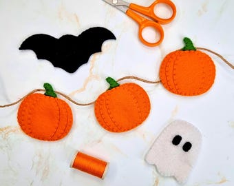 Felt Halloween Garland Sewing Pattern: Pumpkin, Ghost, Bat (PDF Pattern)