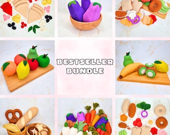May include: A collection of colorful felt food items, including fruits, vegetables, and baked goods. The image features a variety of items such as eggplants, carrots, bread, and fruit. The text "BESTSELLER BUNDLE" is displayed in the center.