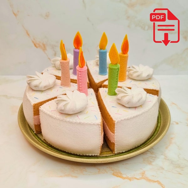 Modello PDF e tutorial per torta di compleanno in feltro con candele, modello facile e adatto ai principianti per cibo e dessert in feltro per bambini, per giochi di finzione