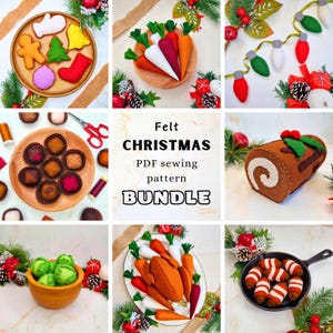 May include: A collection of felt Christmas decorations and food items, including a gingerbread man, Christmas tree, carrots, chocolates, a yule log, and a string of lights. The text "Felt Christmas PDF sewing pattern BUNDLE" is also visible.