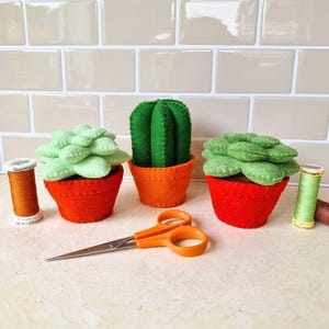 May include: Three felt succulent plants in orange and red pots, with a green cactus in an orange pot. A pair of orange scissors and spools of thread are in the foreground. The plants are arranged on a light-colored surface.