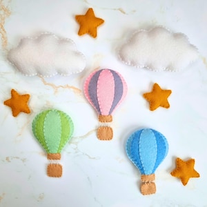 Patrón de costura en PDF de adorno de globo aerostático de fieltro, guirnaldas fáciles de hacer y lindas decoraciones colgantes para la decoración de la guardería de los niños y móviles de cuna.