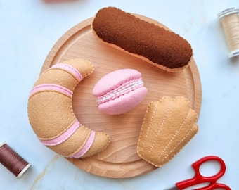 4 Felt French Pastry Sewing Pattern BUNDLE: Macaron, Croissant, Madeleine, Eclair (PDF)