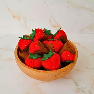 Diese schokobraunen Erdbeeren aus Wollfilz nähen sind ein einfaches PDF zum Filzen und Filzen für Kinder