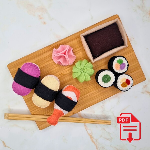 Felt Sushi PDF Sewing Pattern & Tutorial, perfect for pretend play kitchen, easy and beginner friendly felt food pattern