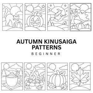 May include: A collection of eight black and white line art illustrations for autumn kinusaiga patterns, labeled AUTUMN KINUSAIGA PATTERNS BEGINNER. The designs feature a cat, jack-o'-lantern, witch, ghost, hot drink, campfire, pumpkin, and maple leaf.