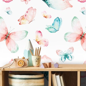 Colorful Butterfly Watercolor / Peel and Stick Wallpaper Removable Wallpaper Home Decor Wall Art Wall Decor Room Decor - C726