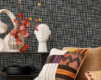 Abstract Wallpaper with a Woven Grid Motif in Black and Cream - E033