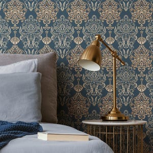 Carta da parati barocca ornamentale blu beige - B880