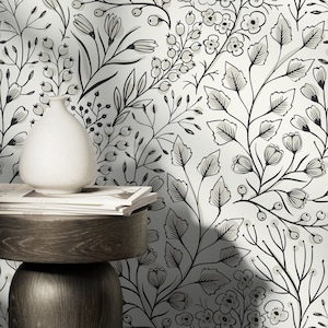 Gray Boho Wildflowers Wallpaper / Peel and Stick Wallpaper Removable Wallpaper Home Decor Wall Art Wall Decor Room Decor - D145