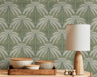 Tropical Wallpaper with Stylized Palm Trees in Green, Off-White, and Teal - E442