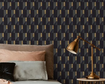 Geometric Wallpaper with 3D Blocks in Charcoal Blue, Sage Gray, and Gold - E800