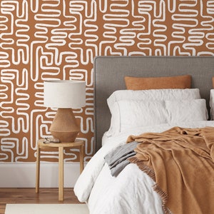 Seamless Rounded Lines Wallpaper Peel and Stick  Removable Repositionable Brown Minimalist Light  Abstract Brush Strokes Boho Moderne - ZAAJ