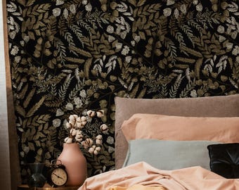 Botanical Wallpaper with an Intricate Fern Motif in Brown, Beige, and Black - E428