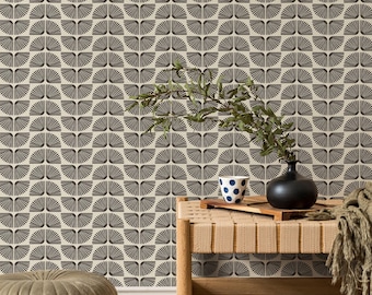 Geometric Wallpaper Featuring Semicircular Fans in Charcoal and Cream - E830