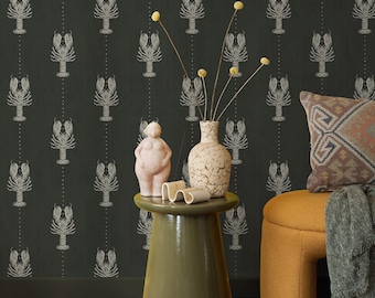 Nautical Wallpaper Featuring Lobsters in Sage Grey and Dark Green - E767