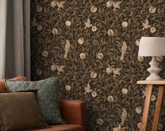 Botanical Wallpaper with Birds and Pomegranates in Green, Brown, and Beige - E795