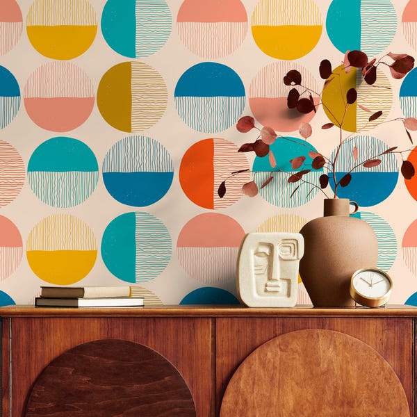 Geometric Wallpaper in Teal, Yellow, and Pink on Beige - Peel and Stick - B889