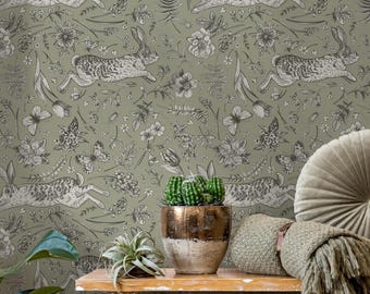Woodland Wallpaper with Vintage Rabbits and Flowers in Sage Green and Grey - E583