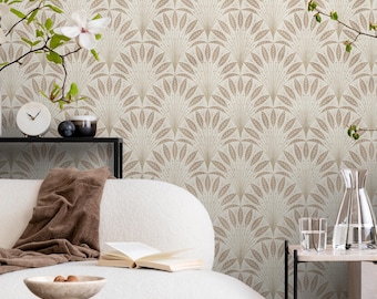 Art Deco Wallpaper Featuring Botanical Fans in Beige and Tan - E749