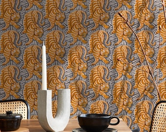 Tiger Wallpaper Featuring Prowling Tigers in Orange and Grey - E789