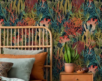 Coastal Wallpaper with a Coral and Seaweed Motif in Red, Teal, and Green - E684