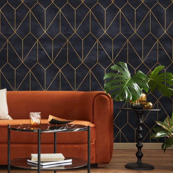 Art Deco Geometric Navy Gold Wallpaper - A540