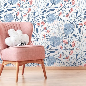 Blue Floral Scandinavian Wallpaper / Peel and Stick Wallpaper Removable Wallpaper Home Decor Wall Art Wall Decor Room Decor - D151