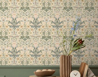 Botanical Wallpaper Featuring Tulips and Pomegranates in Green, Yellow, and Coral - E812