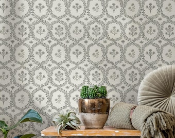 Botanical Wallpaper Featuring Leaf Wreaths and Floral Sprigs in Greige - E857