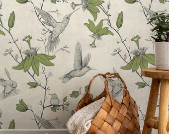 Botanical Wallpaper Featuring Hand-Drawn Hummingbirds in Green and Black - E434