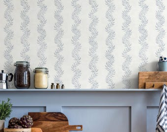 Botanical Wallpaper with Wavy Vine Stripes in Light Blue - E716