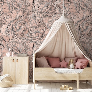 Pink Peony Wallpaper / Peel and Stick Wallpaper Removable Wallpaper Home Decor Wall Art Wall Decor Room Decor - D517