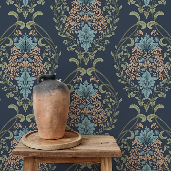 Blue Victorian Floral Wallpaper / Peel and Stick Wallpaper Removable Wallpaper Home Decor Wall Art Wall Decor Room Decor - D219