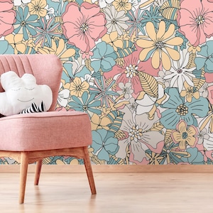 Pastel Color Floral Wallpaper / Peel and Stick Wallpaper Removable Wallpaper Home Decor Wall Art Wall Decor Room Decor D382 image 1