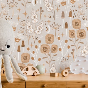 Neutral Mind-Century Floral Wallpaper / Peel and Stick Wallpaper Removable Wallpaper Home Decor Wall Art Wall Decor Room Decor - D394