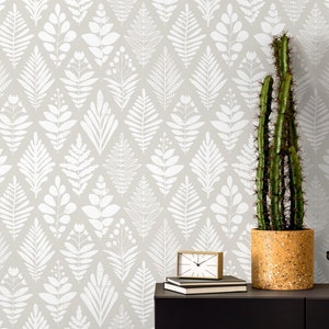 Grey Boho Leaf Wallpaper / Peel and Stick Wallpaper Removable Wallpaper Home Decor Wall Art Wall Decor Room Decor - D183