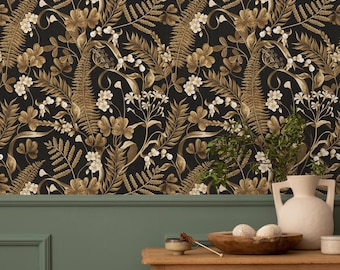 Botanical Wallpaper Featuring Golden Ferns and Wildflowers in Black, Gold, and Cream - E574