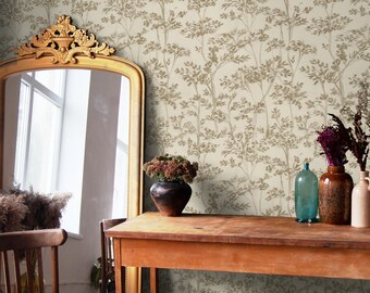 Botanical Wallpaper Featuring Sketched Trees in Beige - E840