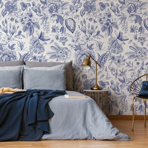 Blue Vintage Floral Wallpaper Peel and Stick and Traditional Wallpaper - C359