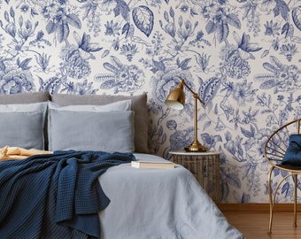 Blue Vintage Floral Wallpaper Peel and Stick and Traditional Wallpaper - C359