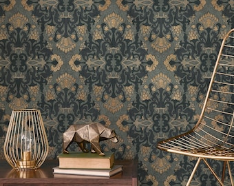 Damask Wallpaper with an Intricate Floral Motif in Teal, Gold, and Green - E504
