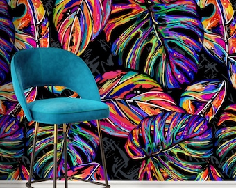 Botanical Wallpaper in Pink, Blue, and Yellow on Black - Peel and Stick - A147