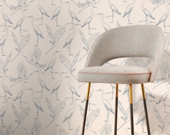 Beige Boho Crane Birds Wallpaper / Peel and Stick Wallpaper Removable Wallpaper Home Decor Wall Art Wall Decor Room Decor - D104