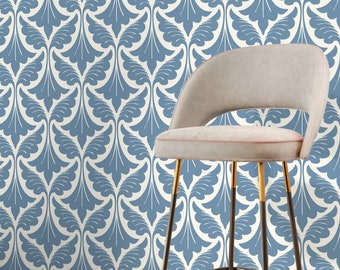 Damask Wallpaper in Blue on White - Peel and Stick - D189
