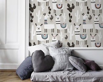 Light Gray Wallpaper for Kids With White Llamas and Cactuses, Nursery Wall Mural, Peel and Stick, Self-Adhesive, Wall Decor - CC-D078