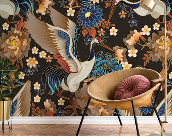 Chinoiserie Crane Birds Wallpaper / Peel and Stick Wallpaper Removable Wallpaper Home Decor Wall Art Wall Decor Room Decor - D245