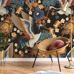 Chinoiserie Crane Birds Wallpaper / Peel and Stick Wallpaper Removable Wallpaper Home Decor Wall Art Wall Decor Room Decor - D245